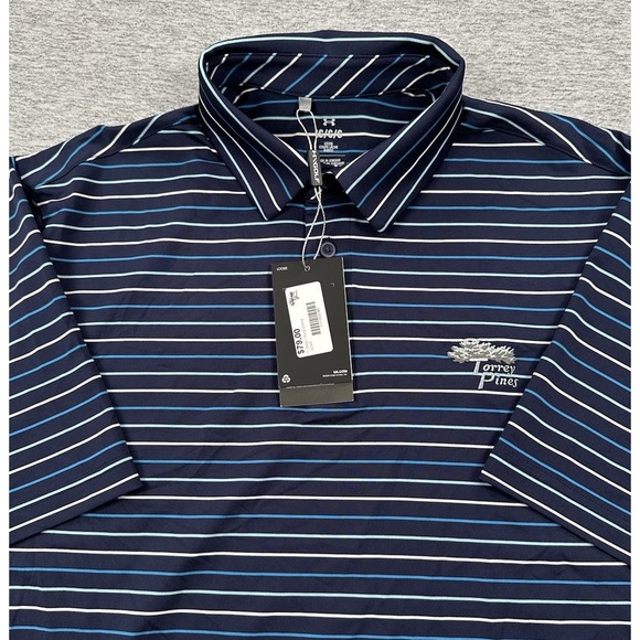 Under Armour Polo Shirt Mens Large Blue Stripe Performance Torrey Pines Golf NEW - Picture 1 of 10